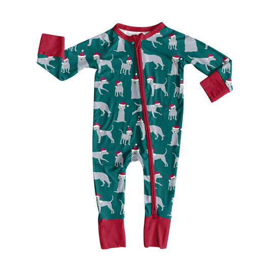 Preorder (moq 20)Baby Boys Bamboo Dark Green Hats Dogs Christmas Zippy Footie Rompers