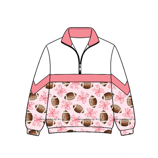 Preorder (moq 5)Baby Girls Bows Footballs Team Zip Pullovers Top