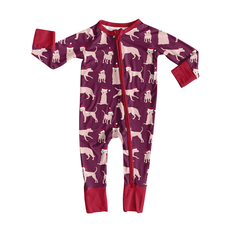 Preorder (moq 20)Baby Girls Bamboo Dark Red Hats Dogs Christmas Zippy Footie Rompers