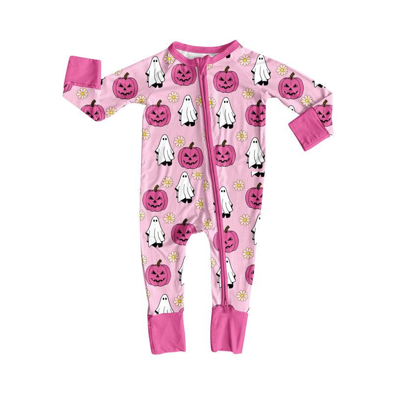 Preorder(moq 5)Baby Infant Girls Pink Ghost Pumpkins Halloween Zipper Rompers