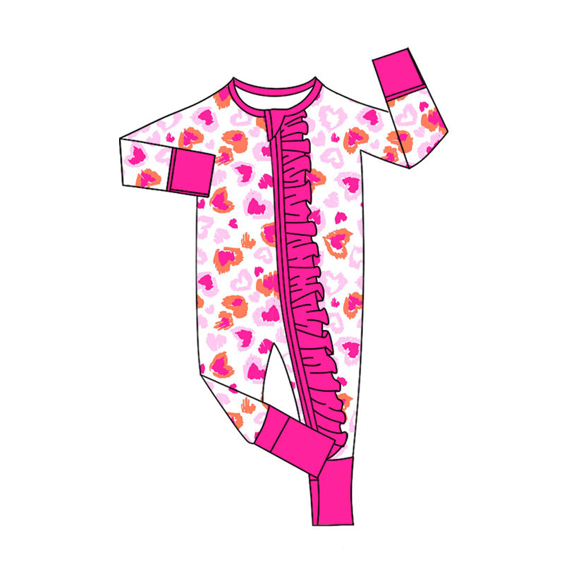 Preorder (moq 20)Baby Girls Bamboo Pink Hearts Leopard Valentine Ruffle Zippy Footie Rompers