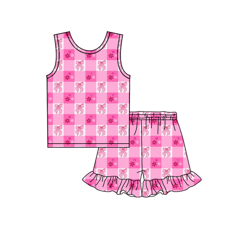 Preorder (moq 5)Baby Girls Pink Checked Flower Bows Top Ruffle Shorts Clothes Sets