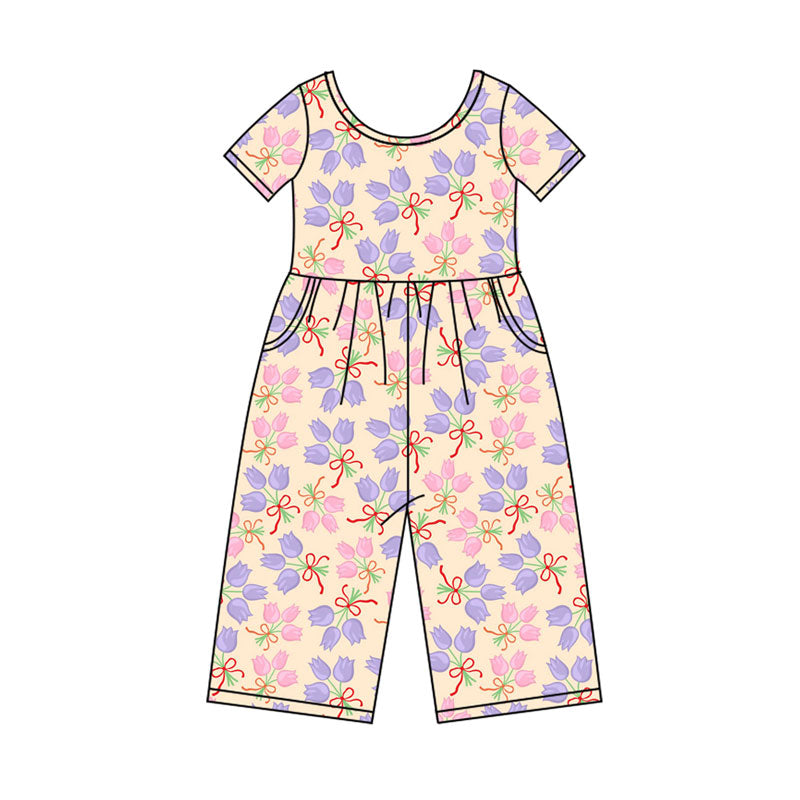 Preorder(moq 8)Baby Girls Bows Flowers Pockets Jumpsuits