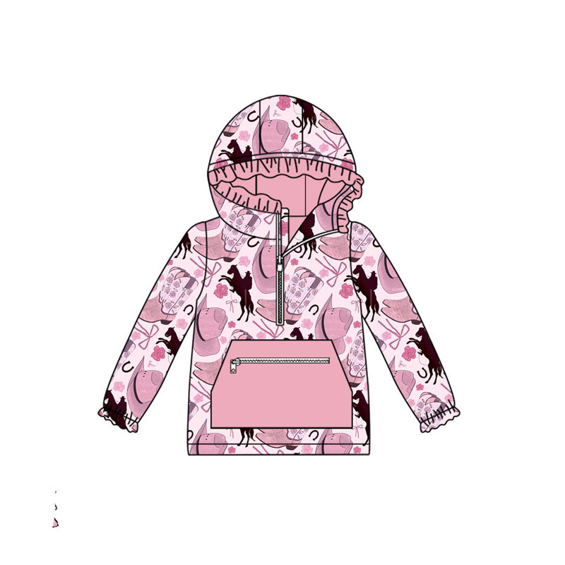 Preorder (moq 5)Baby Girls Hats Horse Rodeos Pocket Zipper Western Ruffle Hoodies Top