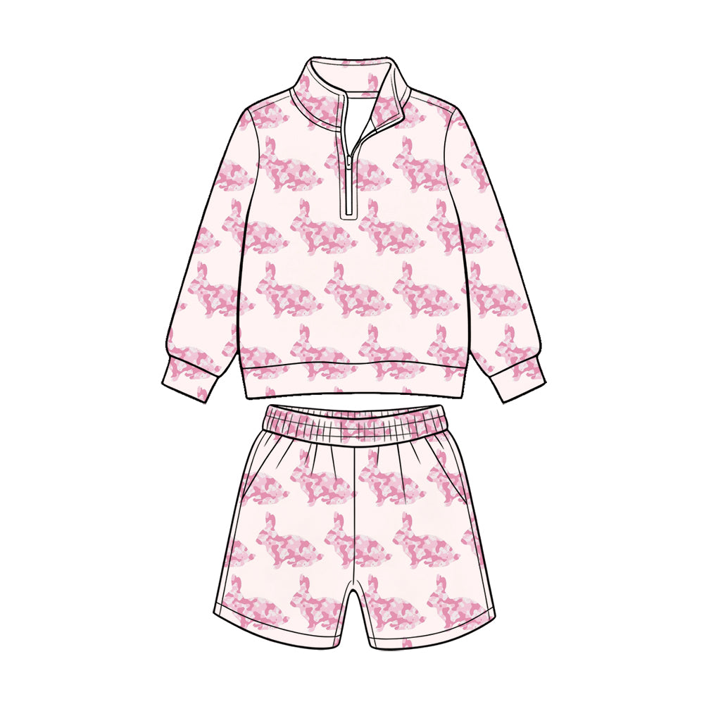 Preorder (moq 5) Baby Boy Clothes Easter Pink Camo Rabbit Print Long Sleeve Quarter Zip Top Short Set
