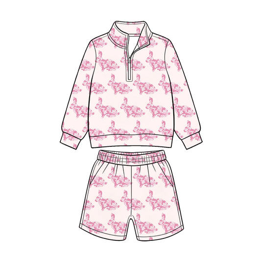 Preorder (moq 5) Baby Boy Clothes Easter Pink Camo Rabbit Print Long Sleeve Quarter Zip Top Short Set