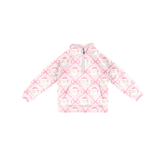 Preorder (moq 5)Baby Girls Long Sleeves Pink Bows Santa Plaid Pocket Zipper Pullovers Top