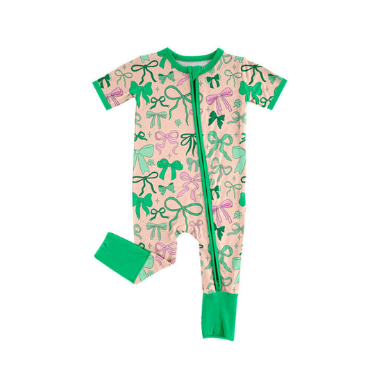 Preorder(moq 8)Baby Girls Green Pink Bows Clovers St Patrick Zipper Footie Rompers