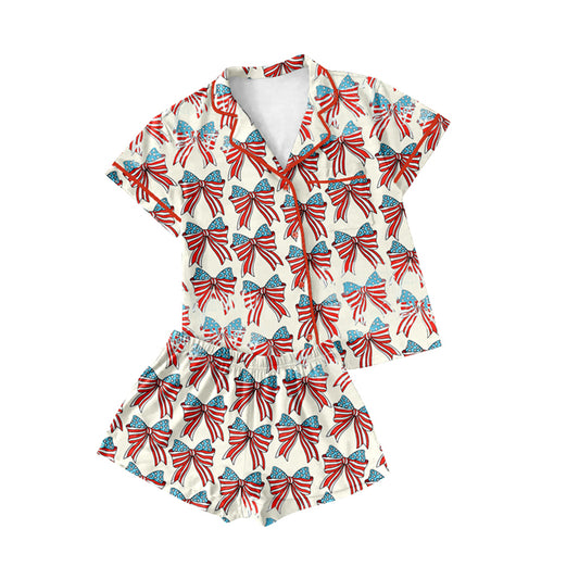 Preorder(moq 5)Adult Women 4th Of July Bows Buttons Tee Shirts Shorts Pajamas Sets