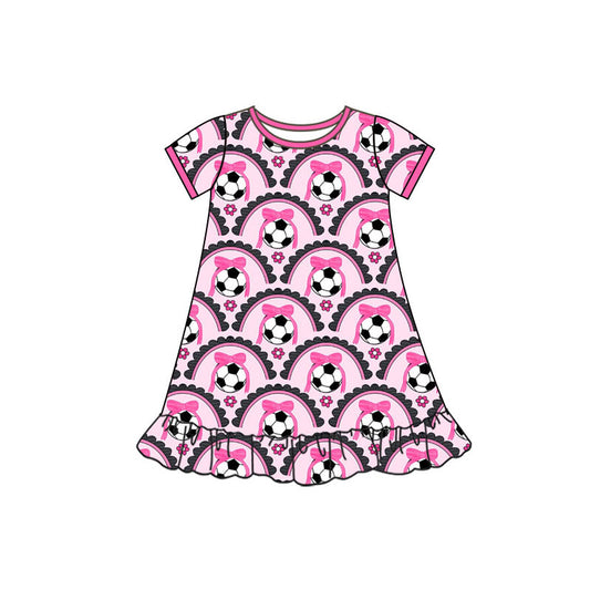Preorder(moq 5) Baby Girls Short Sleeve Bows Footballs Checked Team Ruffle Knee Length Dresses