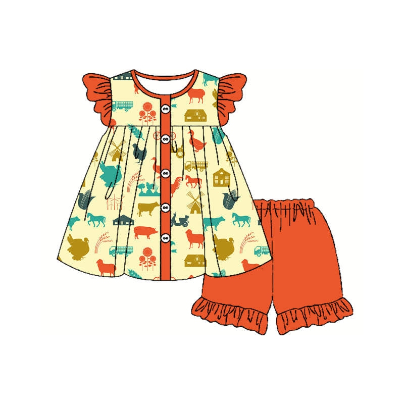 Preorder (moq 5)Baby Girls Orange Flutter Sleeves House Chicks Button Tunic Ruffle Shorts Farm Sets