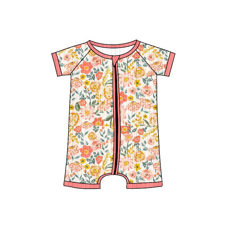 Preorder (moq 5)Baby Girls Short Sleeves Orange Pink Floral Zipper Shorts Rompers