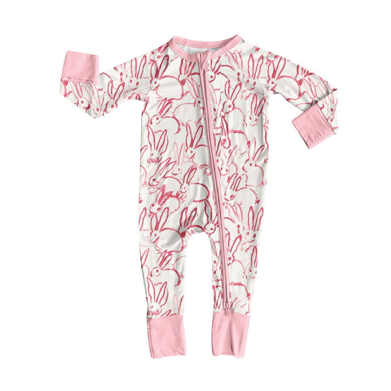 Preorder (moq 5)Baby Girls Pink Rabbits Plaid Easter Zipper Footie Rompers