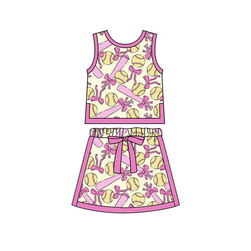 Preorder moq 5 Baby Girls Bows Softballs Plaid Vests Skirt Shorts Team Clothes Set