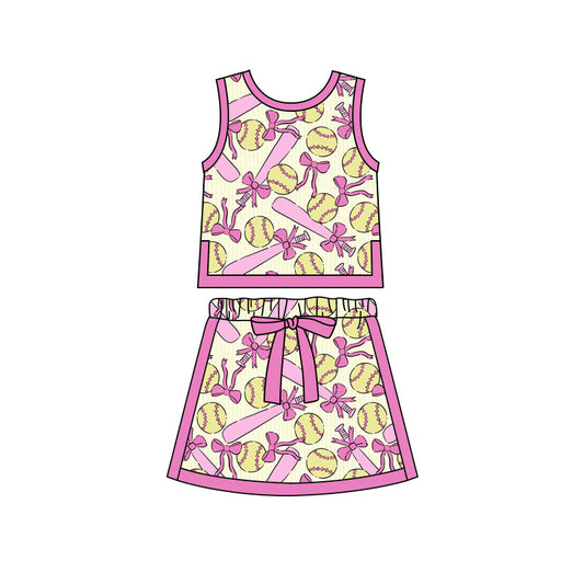 Preorder moq 5 Baby Girls Bows Softballs Plaid Vests Skirt Shorts Team Clothes Set