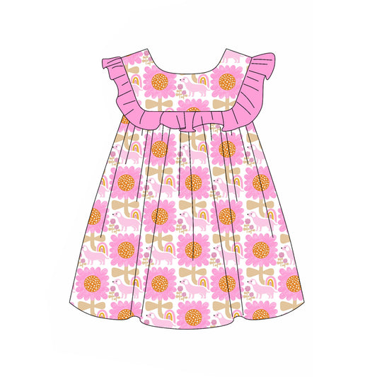 Preorder (moq 5)Baby Girls Pink Flowers Dogs Knee Length Dresses