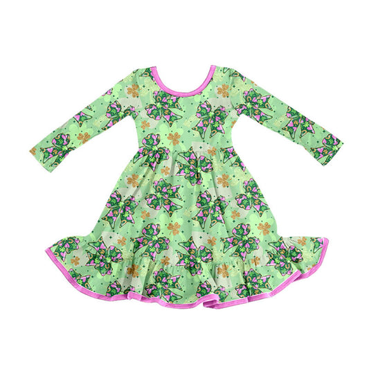 Preorder (moq 5)Baby Girls Clovers Bows St Patrick Ruffle Knee Length Dresses