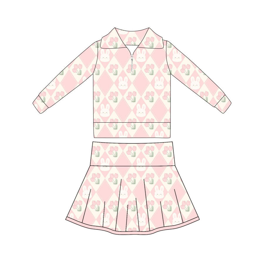 Preorder(moq 5) Baby Girls Rabbits Flowers Zipper Pullovers Pleated Skirt Shorts Easter Clothes Sets