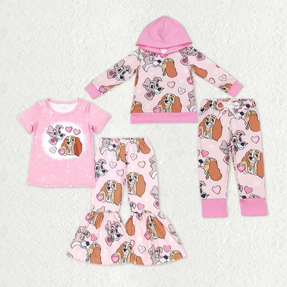 Sibling Baby Girls Pink Dogs Valentines Hooded Tee Top Pants Clothes Sets