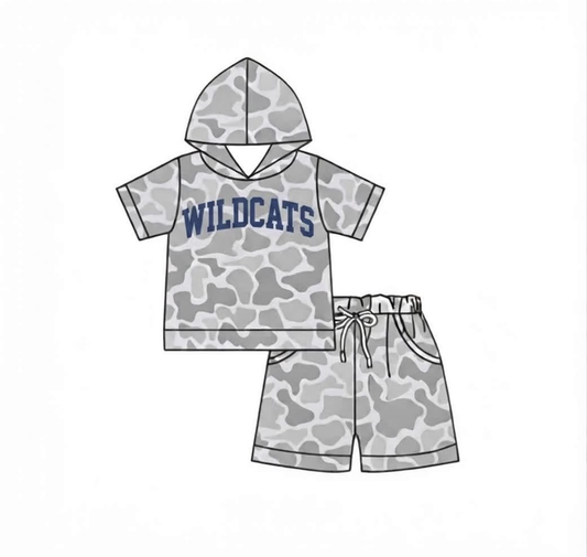 Preorder moq 5 Baby Boys Wildcats Camo Hooded Shirt Top Shorts Outfits Clothes Sets