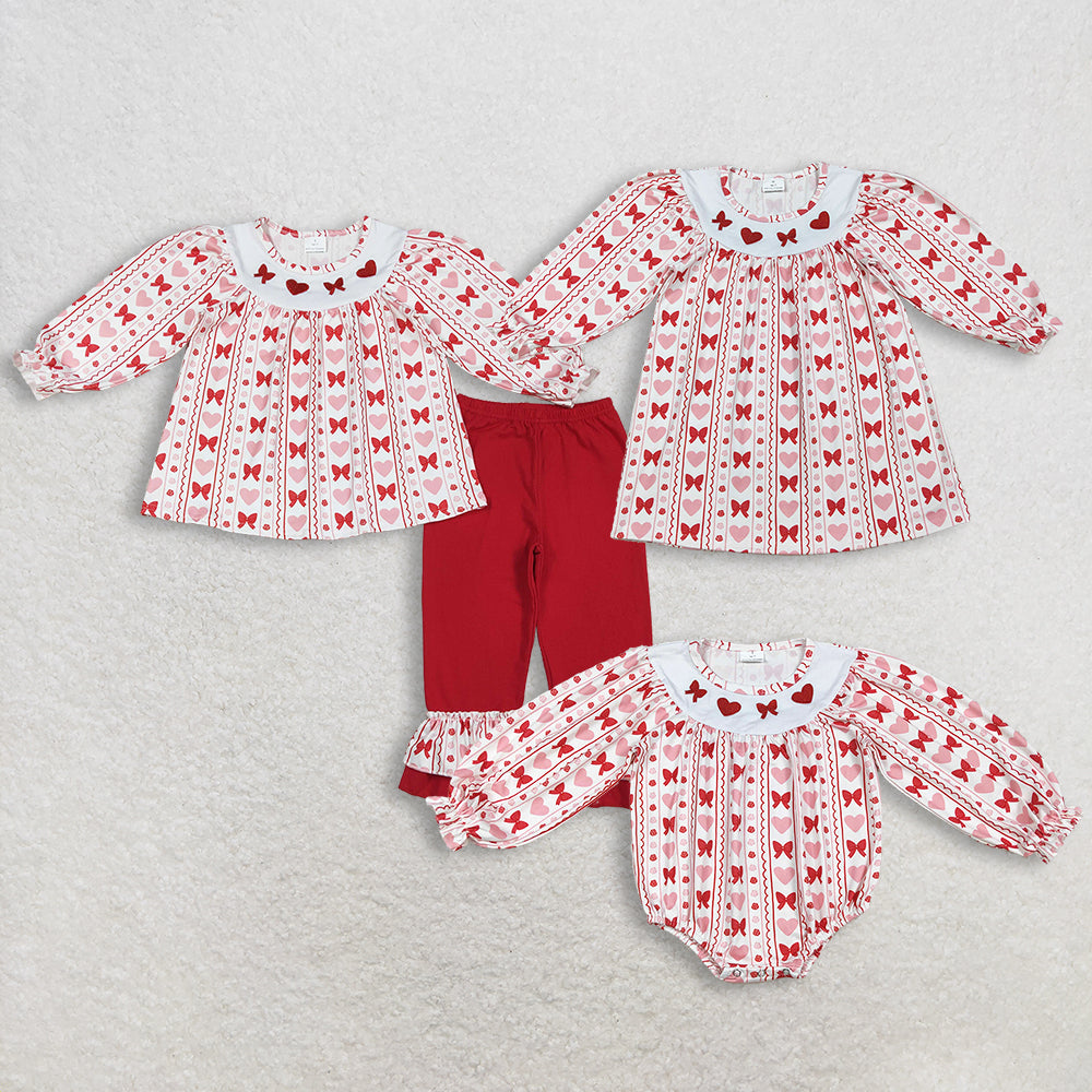 Sibling Baby Girls Embroidery Hearts Bows Tunic Ruffle Pants Knee Length Dress Ruffle Rompers