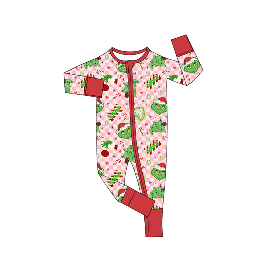 Baby Girls Christmas Green Face Zip Long Sleeve Rompers Preorder(moq 5)