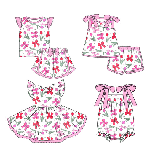 Preorder moq 5 Custom Baby Girls Bows Flowers Top Short Sets Knee Length Dress Ruffle Rompers