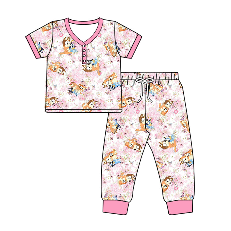 Preorder(moq 5) Adult Women Girls Pink Dogs Buttons Tee Shirts Pants Pajamas Sets