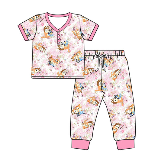 Preorder(moq 5) Adult Women Girls Pink Dogs Buttons Tee Shirts Pants Pajamas Sets