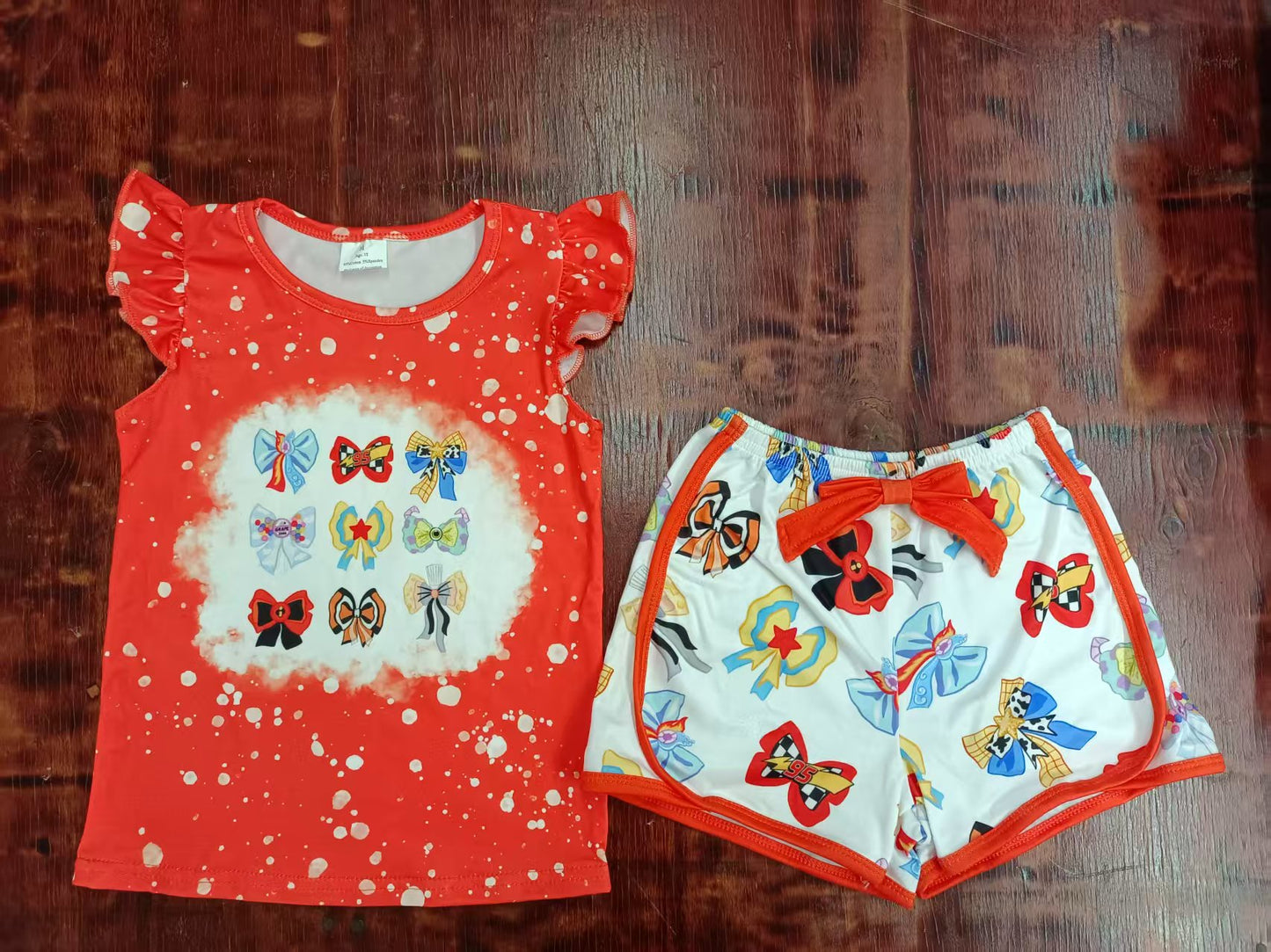 Preorder moq 5 Baby Girls Orange Flutter Sleeves Colorful Bows Top Shorts Set