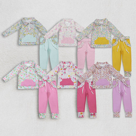 Sibling Baby Girls Colorful Floral Pocket Zip Pullovers Jogger Pants Clothes Sets