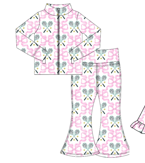 Preorder (moq 5)Baby Girls Pink Bows Tennis Balls Plaid Zipper Pockets Jackets Bell Bottom Pant Set