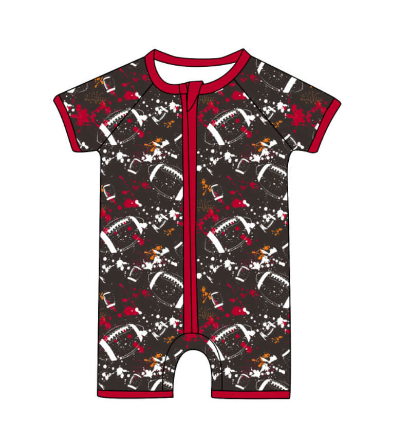 Preorder (moq 5)Baby Boys Short Sleeve Tie-dye Footballs Print Team Zip Rompers