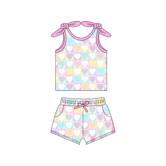 Preorder (moq 5)Baby Girls Colorful Hearts Bow Shirt Shorts Clothes Sets