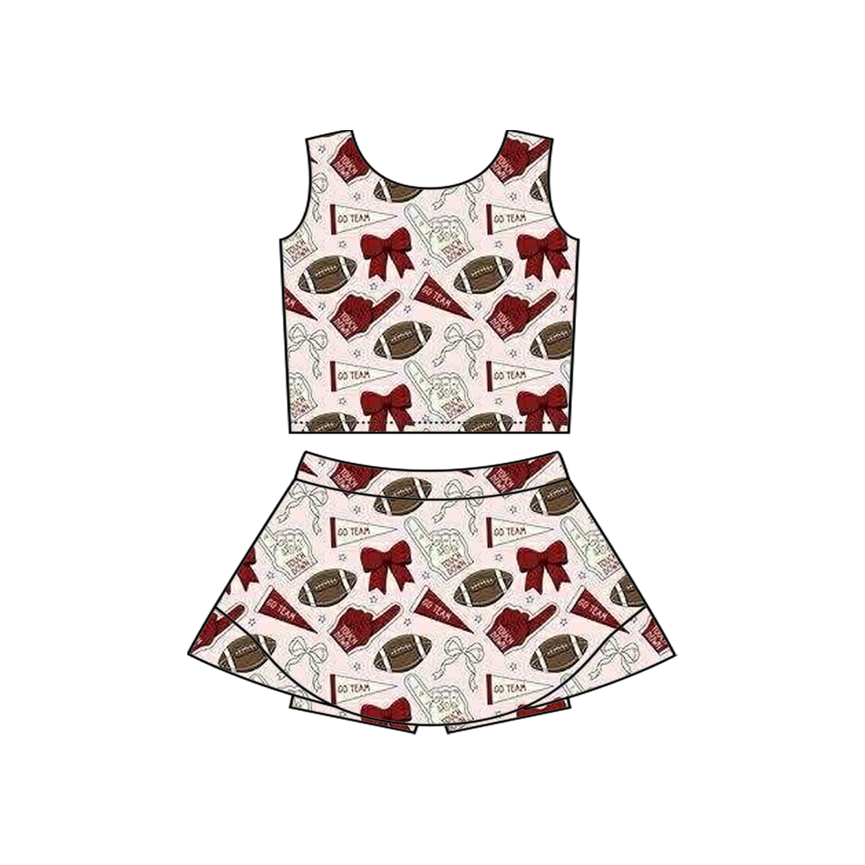 Preorder moq 5 Baby Girls Sleeveless Dark Red Football Cheer Vest Top Skorts Team Set