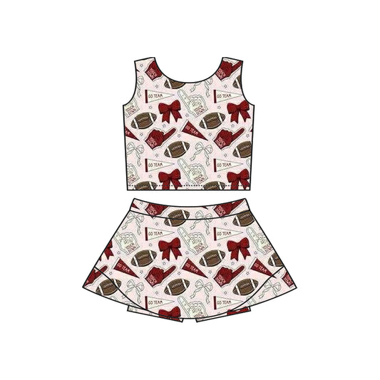 Preorder moq 5 Baby Girls Sleeveless Dark Red Football Cheer Vest Top Skorts Team Set