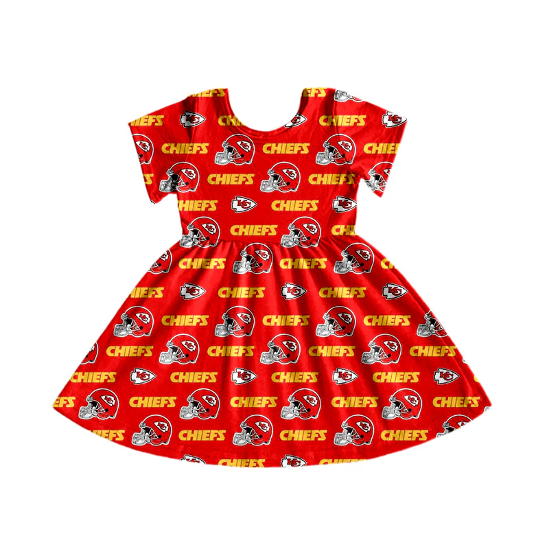 Preorder (moq 5)Baby Girls Red Short Sleeves Chiefs Hats Team Knee Length Dresses