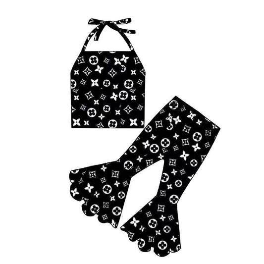 Baby Girls Black Flowers Halter Top Ruffle Bell Pants Clothes Sets preorder (moq 5)
