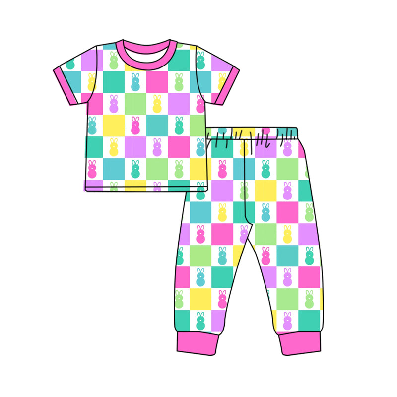 Baby Girls Easter Checkered Rabbits Top Pants Pajamas Clothes Sets preorder(MOQ 5)