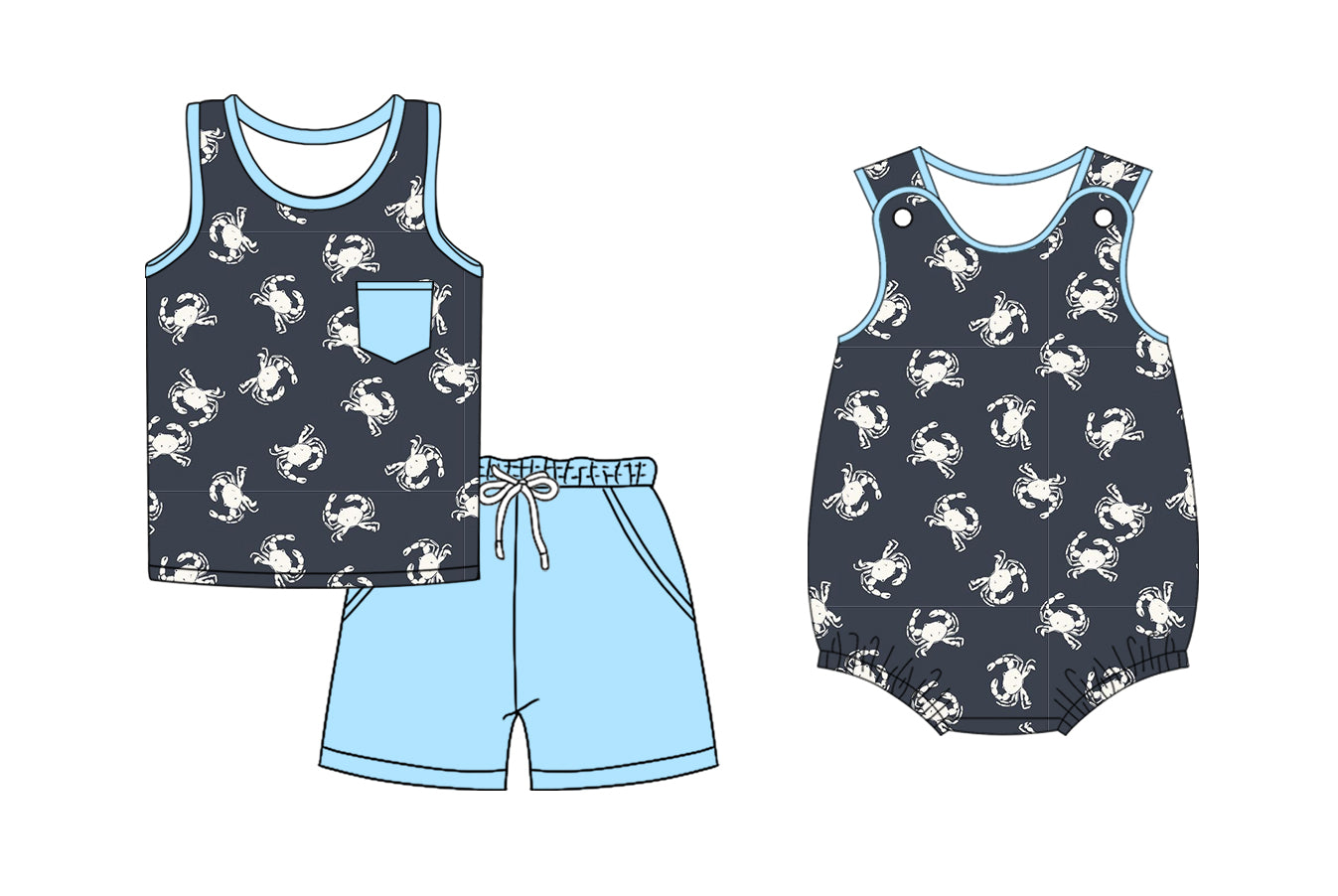 Preorder moq 5 Custom Baby Boys Black Sleeveless Crabs Top Pockets Short Set Rompers