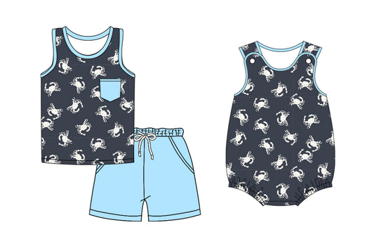 Preorder moq 5 Custom Baby Boys Black Sleeveless Crabs Top Pockets Short Set Rompers