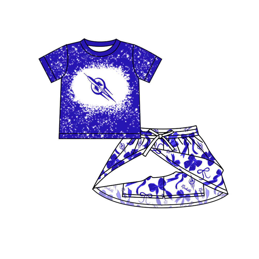 Preorder (moq 5)Baby Boys Blue Short Sleeves Rokets Top Bows Skorts Team Clothes Sets