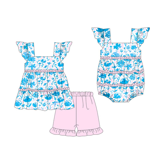 Preorder moq 5 Custom Baby Girls Flutter Sleeves Colorful Floral Tunic Pink Ruffle Short Set Rompers