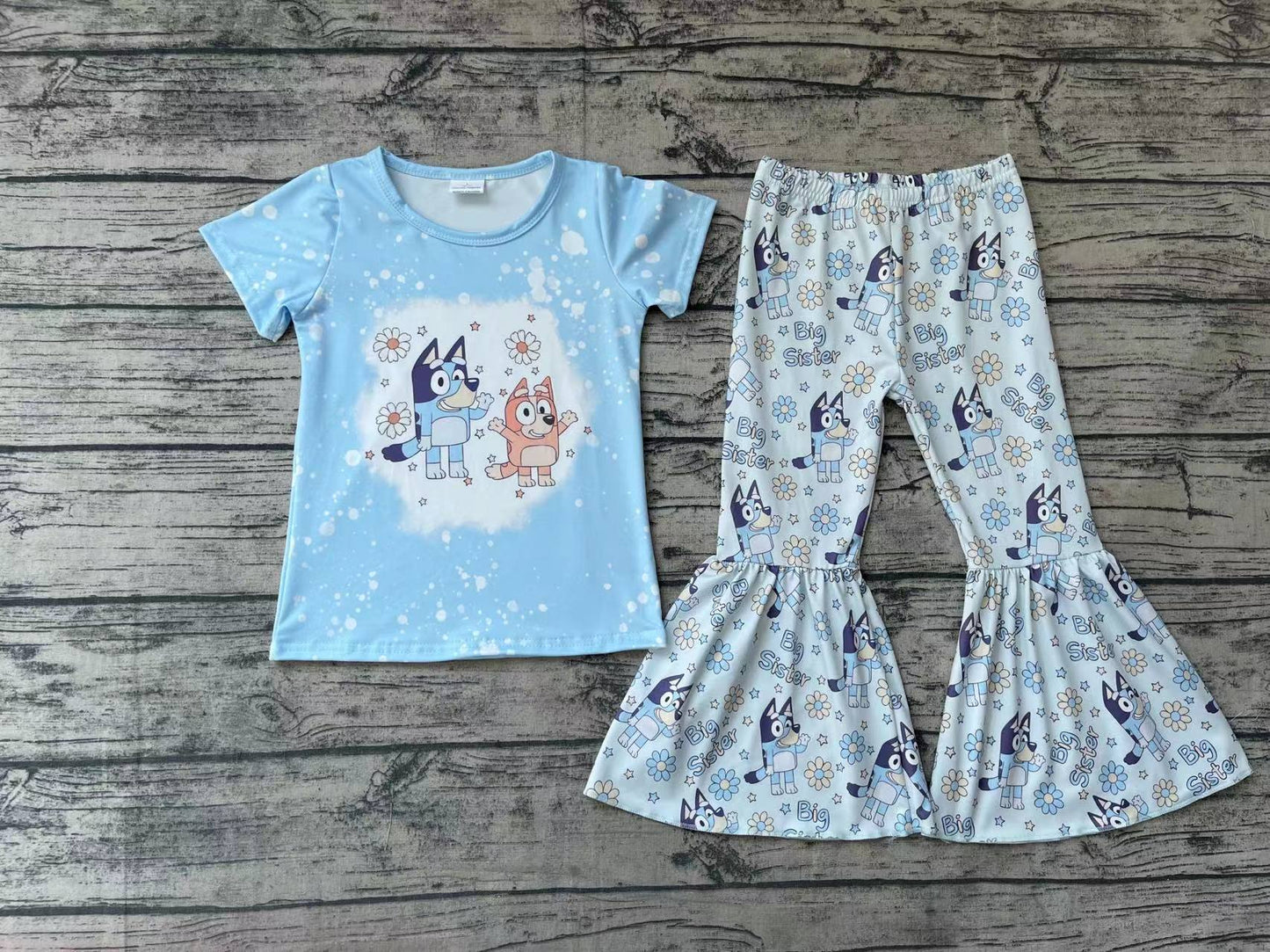 Baby Girls Sister Dog Shirts Top Bell Bottom Pants Clothes Sets