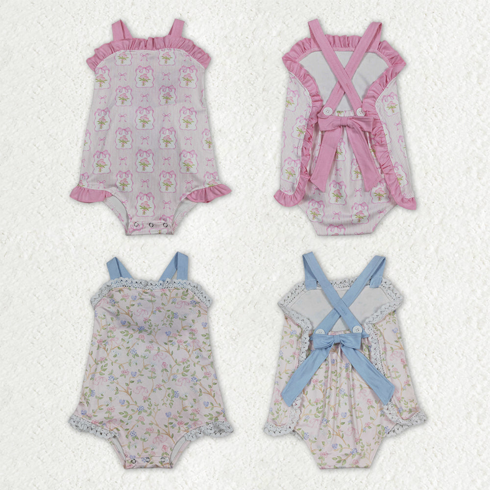 Sibling Baby Girls Strap Bows Flowers Back Bows Ruffle Rompers