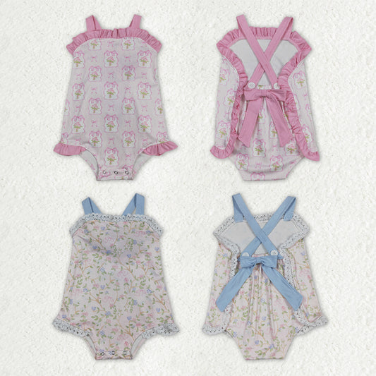 Sibling Baby Girls Strap Bows Flowers Back Bows Ruffle Rompers