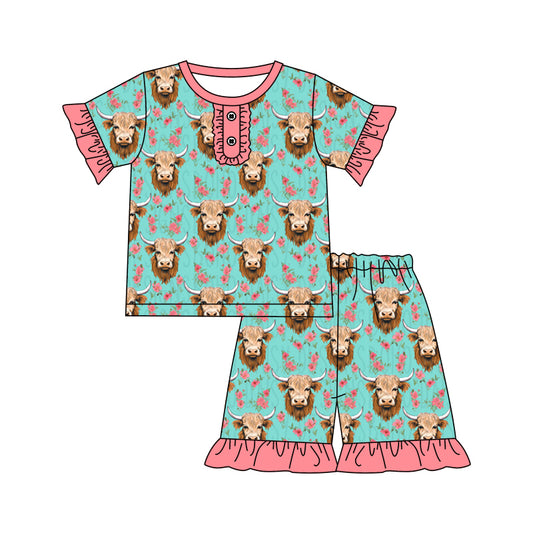 Baby Girls Highland Cow Pink Flowers Shirt Summer Shorts Pajamas Clothes Sets preorder(moq 5)