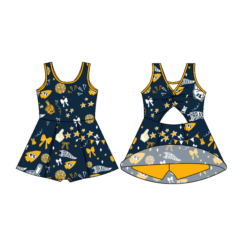 Preorder (moq 5)Baby Girls Sleeveless Navy Braves Football Team Shorts Dresses