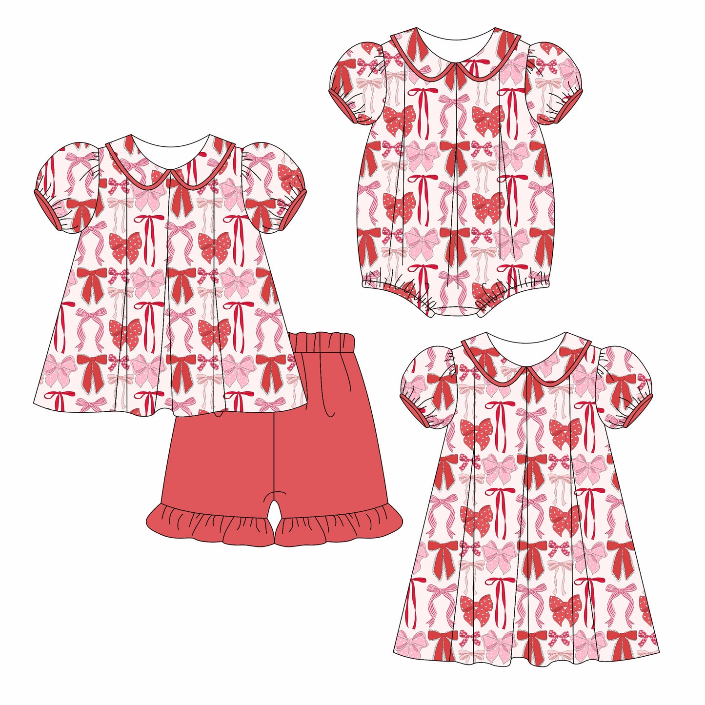 Preorder moq 5 Custom Baby Girls Red Bows Tunic Ruffle Short Set Knee Length Dress Romper