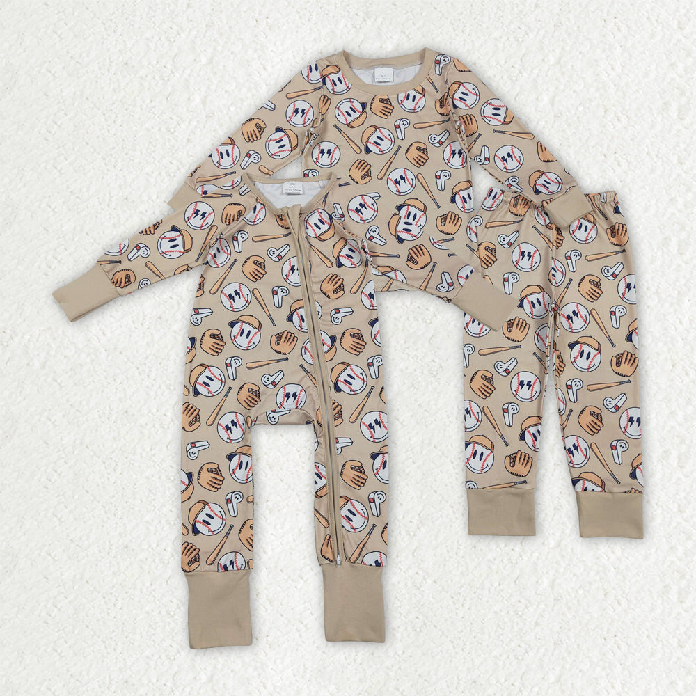 Sibling Baby Boys Smile Baseballs Top Pant Team Pajamas Sets Zipper Footie Rompers
